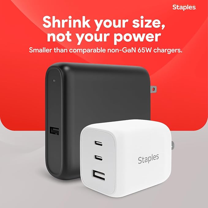 Staples TECH GaN Wall Charger, 65W – USB‑A & USB‑C Fast Charging, Includes Charging Cable, Compact Power Adapter for iPhone, Samsung, iPad & USB‑C Devices