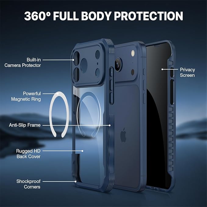 CENHUFO Magnetic Privacy for iPhone 17 Pro Case [Compatible with Magsafe] Full Body Phone Case Built-in 9H Tempered Glass Privacy Screen Protector, Camera Protection Shockproof Bumper Cover - Blue