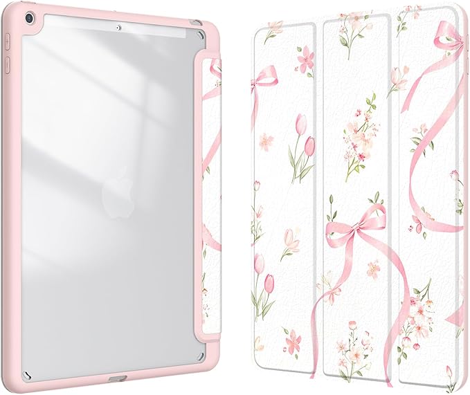 Case for iPad 9th / 8th / 7th Generation (2021/2020/2019) 10.2 inch, Case with Pencil Holder, Stand Clear Back Cover Cute Cool Design for Women Girls, Auto Sleep/Wake, Bow Tulip