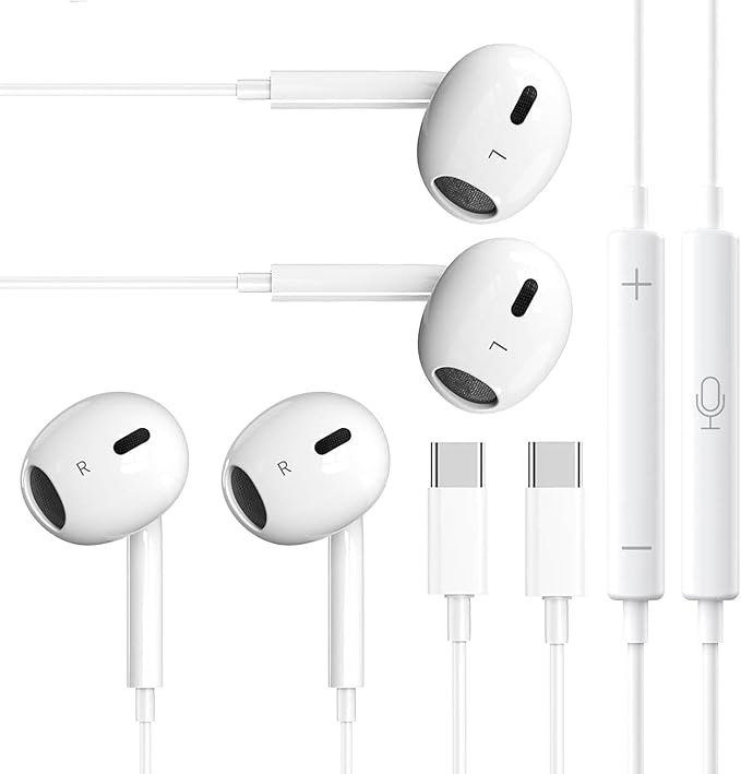2 Packs USB C Headphones，Type C for iPhone Wired Headphones for iPhone 16/15/17 Earbuds with Mic and Volume Control，Hi-Fi Stereo In Ear Earphones for Galaxy S24/S23~S20/Note 10/20 (White+White)