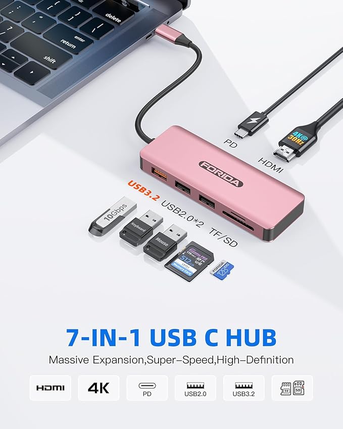 FORIDA 10G USB C Hub, 7 Ports Multiport Adapter to HDMI 4K for MacBook Pro/Air, USB C Splitter with USB 3.2 Port, 2 USB 2.0, Charing Port, Dual Card Redaer for iPhone 15/16/17 (Rose Gold, USB C 3.2)