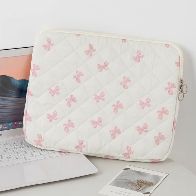 Cutecore Bow Puffy Quilted Laptop Sleeve Y2K Preppy Tablet Protective Case Girly Coquette Aesthetic Notebook Pouch (Pink,15 inch)