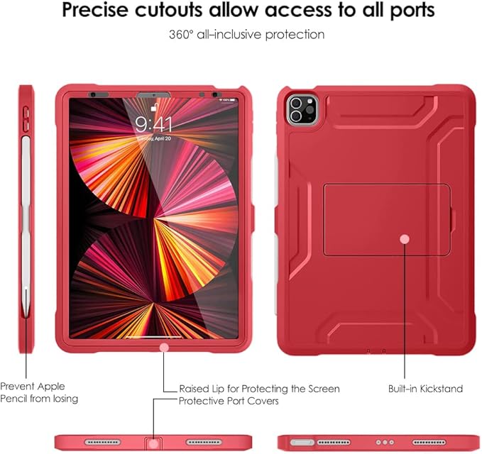 DTTO for iPad Pro 11 inch Case 2022(4th Gen)/2021(3rd Gen), [Screen Protector] Dual Layer Full Body Protection Cover with Pencil Holder, Also Fit iPad Pro 11'' 2020&2018/iPad Air 5/Air 4 - Red