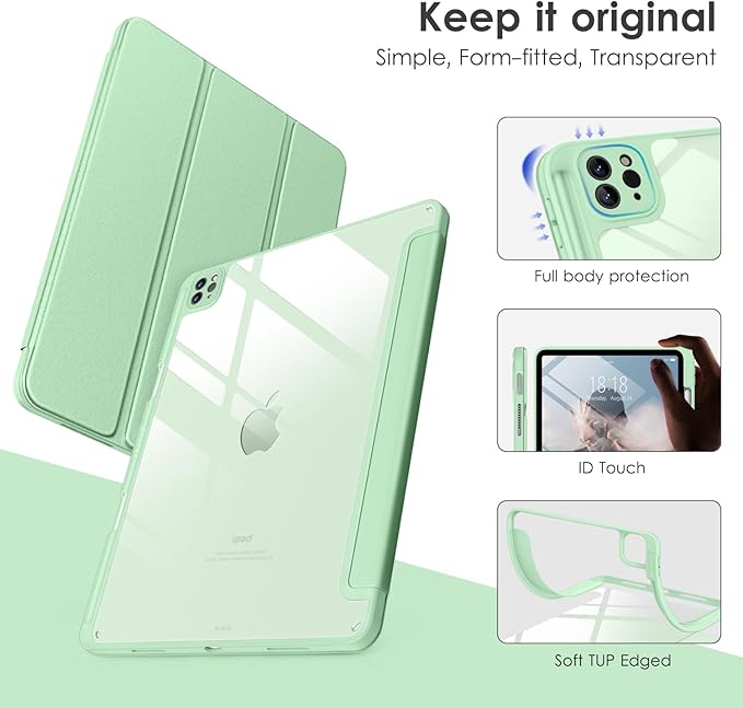 VIKESI for iPad Pro 11 Inch 4th/3rd/2nd/1st Generation Case, iPad Air 11-inch / 5th / 4th Generation Case with Clear Back,Pencil Holder,Auto Sleep/Wake,Camera Protection,Green