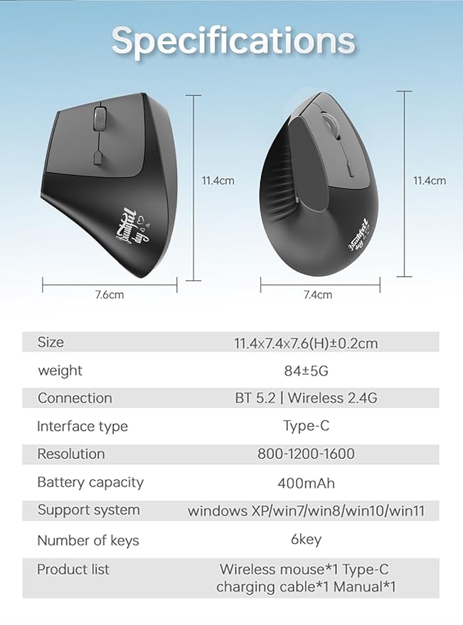 Lomiluskr Ergonomic Wireless Mouse Rechargeable, 2.4G/Bluetooth Dual Mode, Lightweight Soundless Cordless Mice, Compatible with Notebook, PC, Tablet, Smartphone (Black)