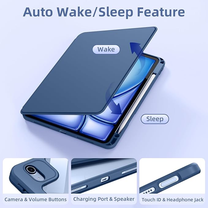 Wenlaty for iPad Air 11 inch Case (M4/M3/M2) & Air 5th/4th Gen Case 10.9 inch, for iPad Pro 11 inch 4/3/2/1 Gen,360° Rotating Cover, Detachable Magnetic Back,Pencil Holder,Auto Sleep/Wake,Sea Blue