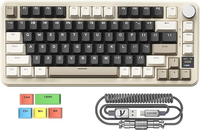 MAGIC-REFINER ATTACK SHARK X85PRO 75% Wireless Mechanical keyboard,TFT Smart Display&Knob,BT/2.4GHz/Wired Custom Gaming Keyboard,Gasket,Hot-Swap,RGB,with Pro Cable&5 Color PBT Keycaps,for PC/MAC,Cream