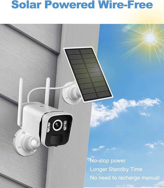 Solar Security Cameras Wireless Outdoor, 2K 4MP Solar Battery Powered Security Camera WiFi Security IP Camera with PIR Motion Detection, 2-Way Audio, Full Color Night Vision, with Solar Panel