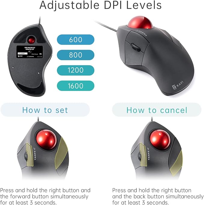 SANWA Wired Ergonomic Trackball Mouse, Optical Rollerball Mice, Programmable Silent Buttons, 44mm Trackball, 600/800/1200/1600 Adjustable DPI, Compatible with MacBook, Laptop, Windows, macOS