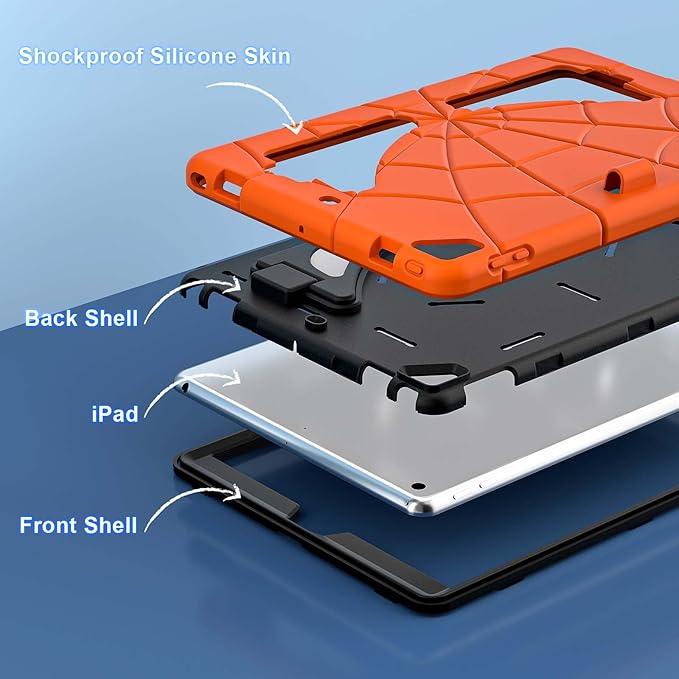 AKABEILA Compatible with Apple iPad 10.2 7th 8th 9th(2019/2020/2021) Tablet Case，Lightweight Shockproof Rugged Protective Cover with Kickstand for Kids Children Boys Babies Orange Black