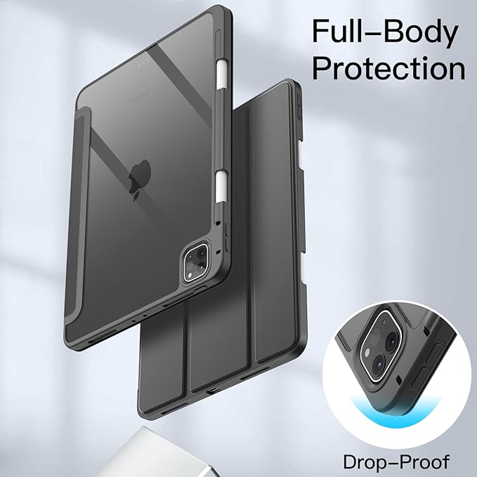 JETech Case ONLY for iPad Pro 11 Inch (2022/2021/2020/2018) with Pencil Holder, Clear Transparent Back Shell Slim Stand Shockproof Tablet Cover, Auto Wake/Sleep (Space Gray)