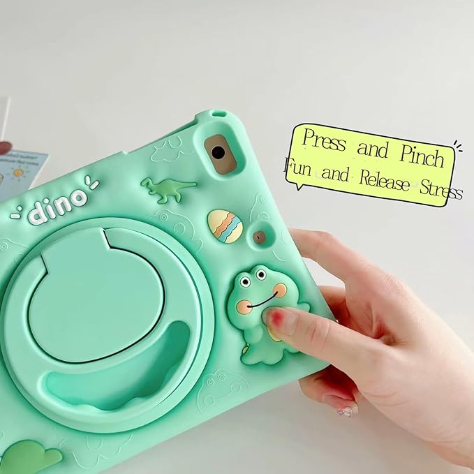 3D Cute Press Dinosaur Case for iPad Air 1st 2nd/iPad Pro 2016/iPad 5th 6th 9.7 inch,Kawaii Cartoon Character Dinosaur Soft Silicone Rotating Stand Case with Lanyard for Kids Teens Girls Women