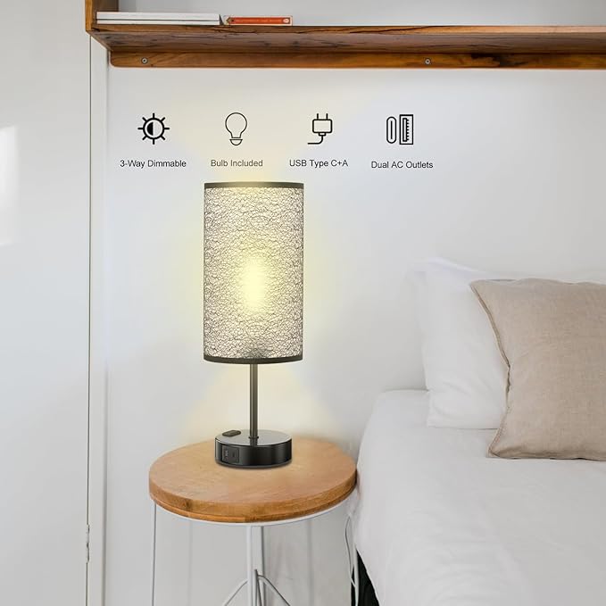 YIDPU Table Lamp for Bedroom with Touch Control,Bedside Lamp with USB C+A Charging Ports& AC Outlets, Adjustable 3color LED Light for Home Decor/Nightstand/Bedroom/Office,Included Bulb