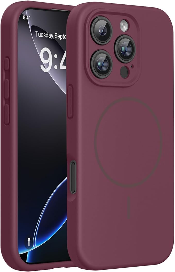 Miracase Magnetic for iPhone 16 Pro Case, [Soft Anti-Scratch Microfiber Lining], Compatible with MagSafe, Liquid Silicone Case Shockproof Drop Protection Phone Case for 16 Pro,Wine Red