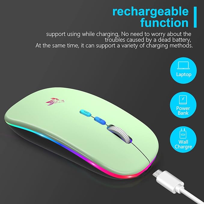 HOTLIFE LED Wireless Mouse, Slim Rechargeable Silent Portable USB Optical 2.4G Wireless Bluetooth Two Mode Computer Mice with USB Receiver and Type C Adapter (Green)