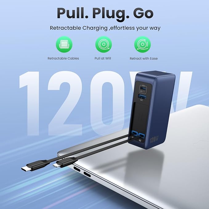 USB C Charger Block 120W with Built-in 2 Retractable Cables, 4-in-1 GaN IV Charger Fast Charging Foldable Plug Wall Charger,PD 65W Laptop Charger for MacBook,iPad,iPhone 17/16,Galaxy,Android-Dark Blue