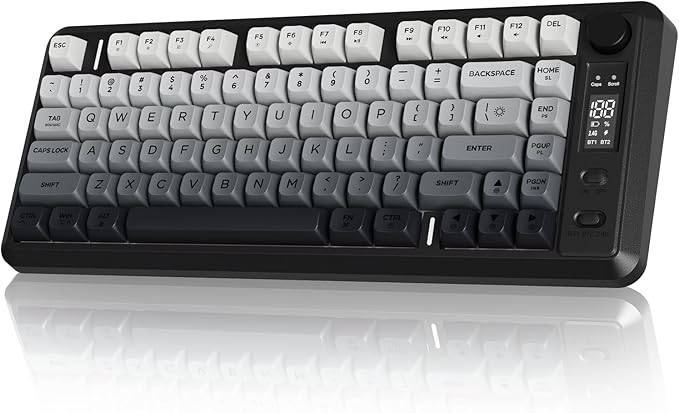 FREEWOLF M75 Wireless Mechanical Feel Gaming Keyboard Bluetooth/2.4Ghz Membrane with Knob & OLED Display Rainbow Backlit Gradient PBT Keycaps 2000mAH Battery Anti-Ghosting-Moonnight