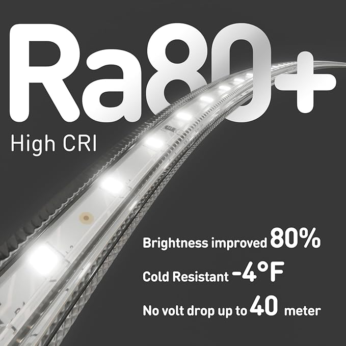 Shine Decor LED Strip Light Easy Connectable, 6000K Cool White Cold Resist Weatherproof Plug-in for Indoor Outdoor, 101 LM/FT Dimmable Bright Eco Rope Lighting 82FT, 120V Whole Set ETL Listed