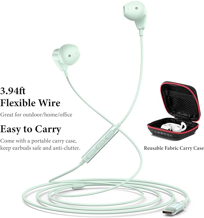 USB C Headphones for iPad A16/iPhone 17 Pro Max 16 15 Plus, HiFi Stereo Type C Earphones USB-C Wired Earbuds with Mic Volume Control for Samsung S26/S25 S24/S23/S22/S21/Pixel 10 9 8 7 6 Pro, Mint