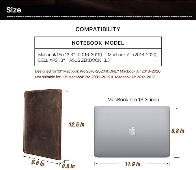 Top Grain Leather 13.3" Slim Laptop Sleeve Case, Solid Minimalist Vintage Design, Handmade, Compatible with MacBook Pro 13.3" MacBook Air M1/M2 DELL XPS 13" & Other PC, Brown 13.3 Inch