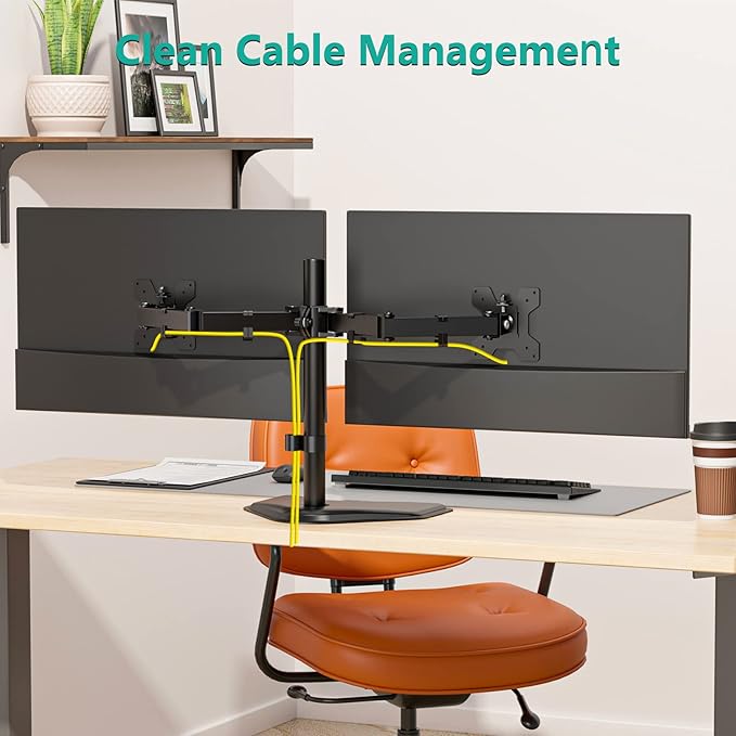 WALI Dual Monitor Stand for Desk, Monitor Stands for 2 Monitors up to 27 inch, Dual Monitors Mount Fits up to 22lbs, Free Standing Full Motion Dual Monitors Arm for Desk (MF002), Black