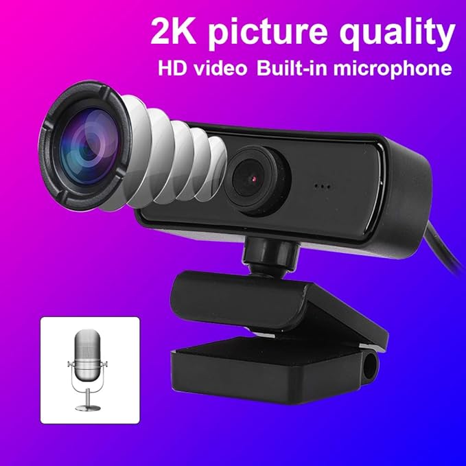 ASHATA 4K Webcam, 2K Video, 2560 x 1440 Resolution, Built-in Microphone, Auto Focus, Plug and Play, Black