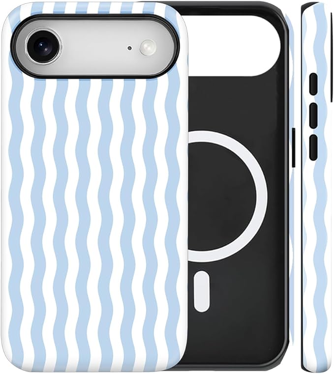 Magnetic for iPhone 17 Air Case Cute Wavy Stripes Phone Case, Shockproof Slim TPU and Hard PC Protective Phone Cover Compatible with MagSafe Designed for Women Girls, Blue