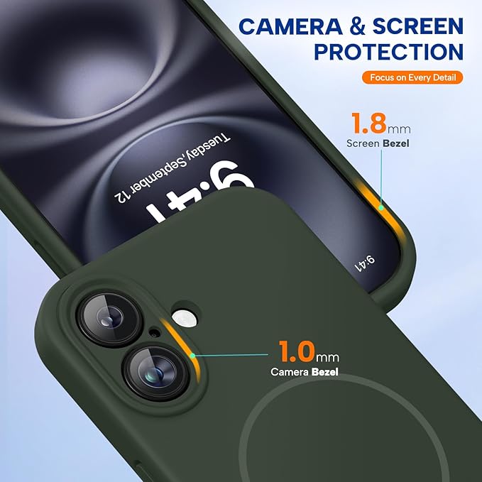 Miracase Magnetic for iPhone 16 Plus Case, [Soft Anti-Scratch Microfiber Lining], Magnetic for MagSafe, Liquid Silicone Shockproof Drop Protection Phone Case for 16 Plus,Dark Green