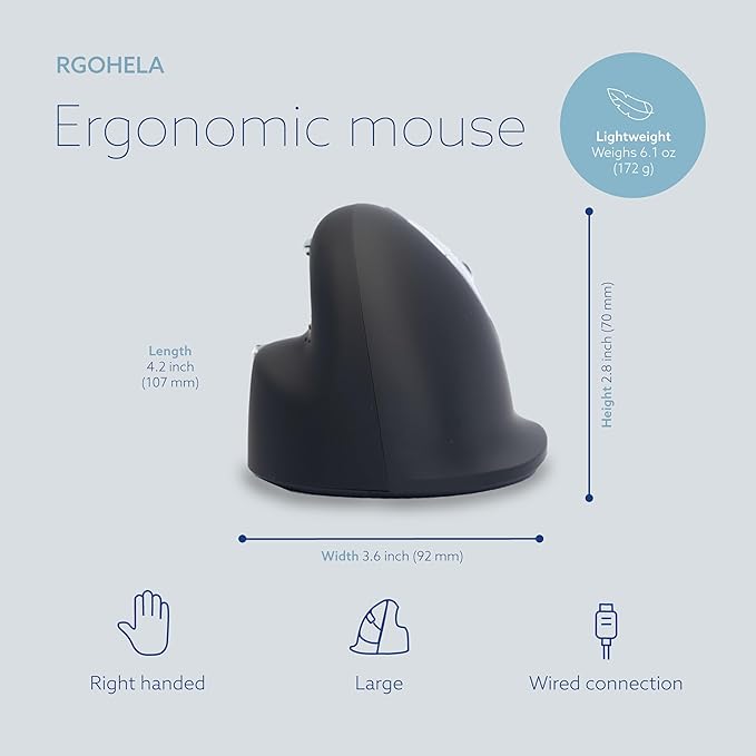 R-Go HE Ergonomic Mouse for big hand, With Break Software, USB-C Wired (with USB A Converter), Vertical design, Anti carpal tunnel, Silent Click, Customisable buttons, For Windows/MacOS, Black/Silver