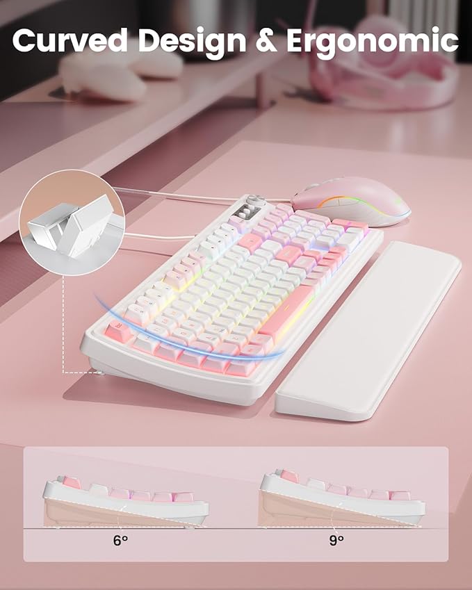SABLUTE Wired Gaming Keyboard and Mouse, RGB Backlit Mechanical Feel Keyboard with Multimedia Knob & Anti-Ghosting Ergonomic Premium Leather Wrist Rest (Pink)