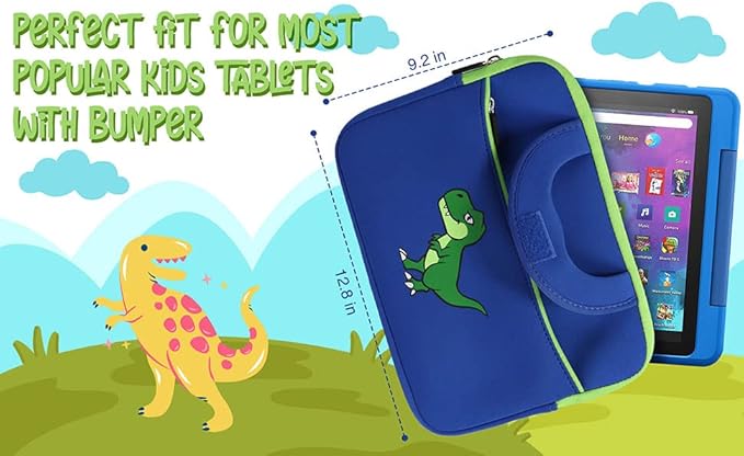 Kids Tablet Carrying Case, 7-10.5 inch Universal Neoprene Zipper Sleeve Tablet Bag Compatible with All Fire Kids, Kids Galaxy and Apple iPad Kids Tablets.(Blue Dino)
