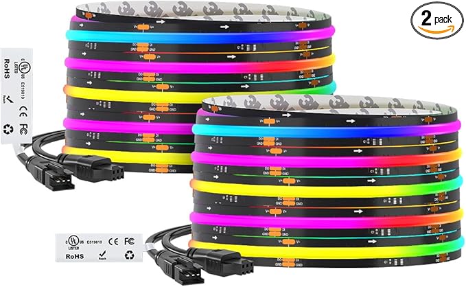 BTF-LIGHTING WS2811 Smart IC RGB FCOB COB LED Strip, UL Listed 630LEDs/m High Density Color Chasing Uniform Light, DC24V 32.8FT 10mm Width Black PCB for Home Party DIY Decor(No Adapter or Controller)