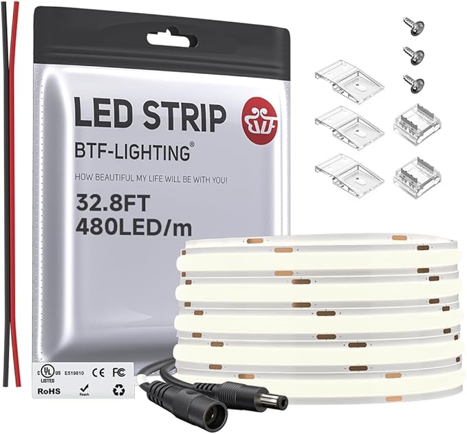 BTF-LIGHTING FCOB COB LED Strip Flexible High Density Uniform Light 9W/m 32.8FT DC24V Daylight White 5000K 480LEDs/m CRI 90+ 8mm Width Dimmable LED Ribbon for Indoor Decor(No Adapter or Controller)