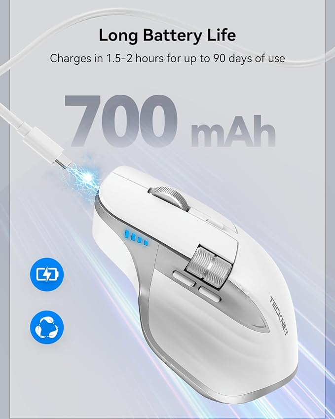 TECKNET Wireless Mouse, Bluetooth Mouse (BT5.3/5.0 & 2.4G) Rechargeable Ergonomic Optical Mouse with 6 Adjustable DPI, Side Scroll, Quiet Clicks, USB A Receiver, 7 Buttons, Wide Compatibility - White