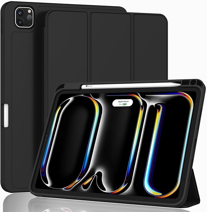 ZryXal iPad Pro 11 Inch Case (M5) 2025/ (M4) 2024 (Model: A3357,A3358,A3359,A2836/A2837/A3006), Trifold Stand Smart Cover with Pencil Holder and Soft TPU Back, Auto Wake/Sleep (Black)