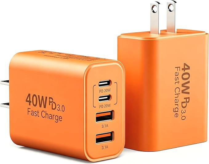 USB C Charger Block, 40W 4 Ports Type C Fast Phone Charging Blocks Cube PD USBC Wall Plug+QC 3.0 USB A Charger Brick Box Power for iPhone 17/16/15/14/13/12 Pro Max, iPad, Galaxy, Pixel, Orange