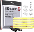 BTF-LIGHTING FCOB COB LED Strip IP65 480LED/m Flexible High Density Uniform Light 9W/m 16.4FT DC24V Warm White 3000K CRI 90+ 8mm Width for Home Indoor Decor(No Adapter or Controller)