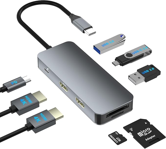 Docking Station Dual Monitor for Dell/HP/Lenovo/Mac Laptop, USB C Laptop Docking Station Dual Monitor, Dual HDMI Adapter for 2 Monitors, 8 in 1 USB C Hub Multiport Adapter with HDMI/USB/PD/SD/TF