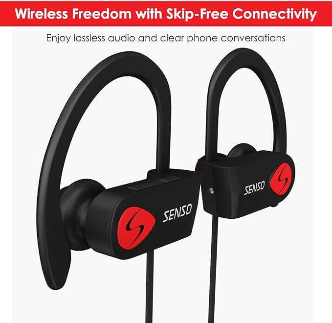 SENSO Bluetooth Headphones, Best Wireless Sports Earbuds w/Mic IPX7 Waterproof HD Stereo Sweatproof Earphones for Gym Running Workout Noise Cancelling Earphones Earbuds Noise Cancelling Headsets