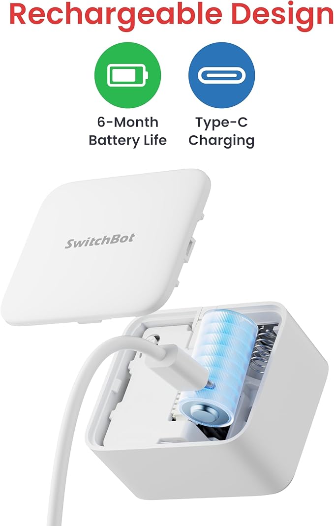 SwitchBot Rechargeable Smart Switch Button Pusher (Bluetooth) – Fingerbot for Rocker/One-Way Buttons, App Timer Control, No Wiring, Optional Hub for Voice/Remote, White