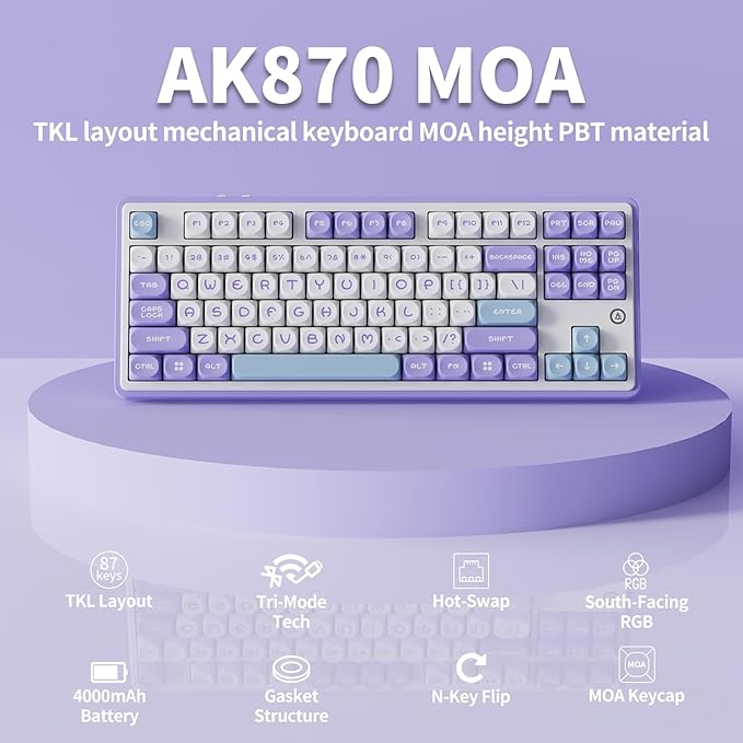 DAIDAI×AJAZZ AK870 TKL 87-Key Gasket Structure Full-Key Hot-Swappable Mechanical Keyboard Type-C/2.4G/BT 5.1, 4000mAh Battery, MOA Keycap,South-Facing RGB, for Windows/MAC.
