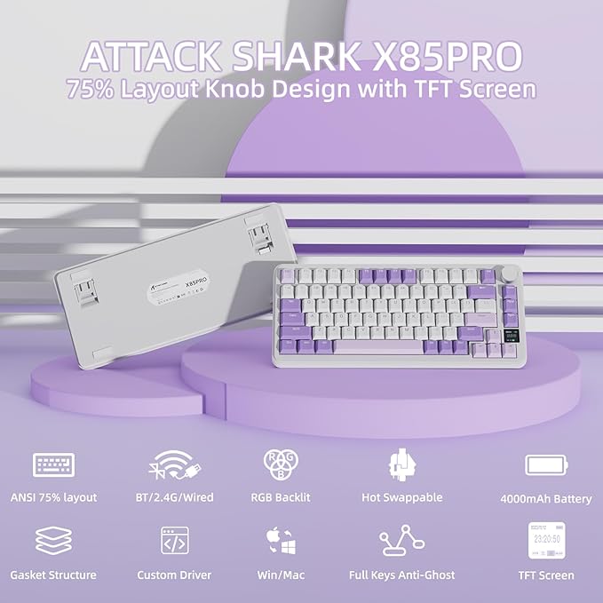 MAGIC-REFINER Attack Shark X85PRO 75% Wireless Mechanical Keyboard,TFT Smart Display&Knob,BT/2.4G/Wired Custom Gaming Keyboard,Gasket,Hot-Swap,RGB,with Pro Cable&5 Color PBT Keycaps,for PC/MAC,Purple
