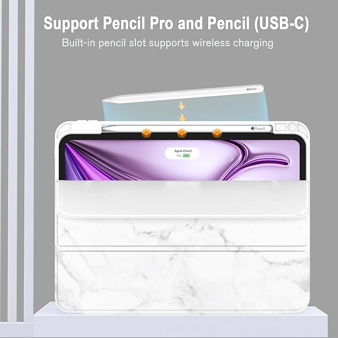 ZryXal New iPad Air 13 Inch Case M3 2025/M2 2024 with Pencil Holder, Trifold Stand Smart Case with Soft TPU Back,Auto Wake/Sleep(Marble White)