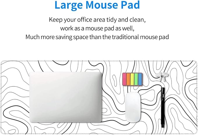 White Extended Gaming Mouse Pad - 31.5 x 11.8 Inch Black and White Topographic Mouse Pad with Anti-Slip Rubber Base for Home Office