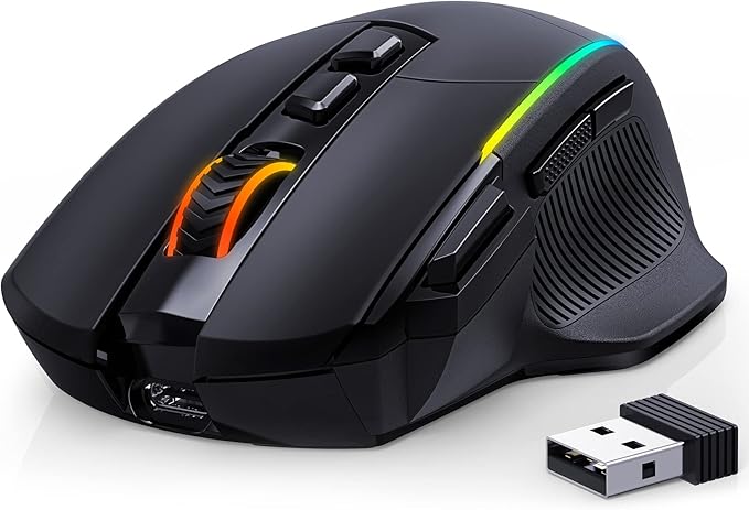 RisoPhy Wireless Gaming Mouse, 3 Modes - 2.4G/USB-C/Bluetooth 6 Level 10000DPI Chroma RGB Backlit Ergonomic 8 Programmable Buttons, 58H Capacity Rechargeable Computer Mouse for PC/Mac/Laptop