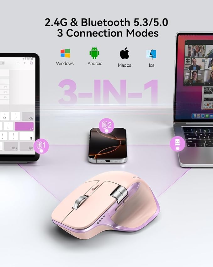 TECKNET Wireless Mouse, Bluetooth Mouse (BT5.3/5.0 & 2.4G) Rechargeable Ergonomic Optical Mouse with 6 Adjustable DPI, Side Scroll, USB A Receiver, 7 Buttons, Wide Compatibility - Pink & Purple