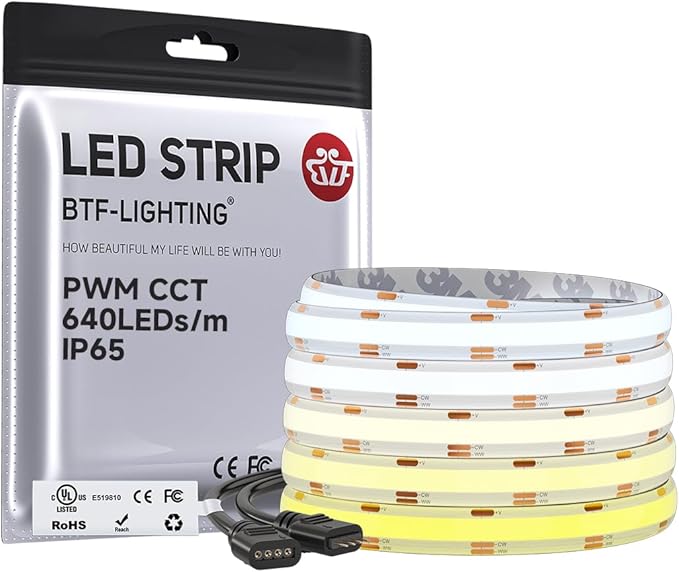 BTF-LIGHTING FCOB COB LED Strip CCT 3000K-6000K Tunable White IP65,UL Listed DC24V 16.4FT CRI 90+ Dimmable LED Tape Lights,640LEDs/m Dotless for Bedroom Kitchen Indoor Decor(No Adapter or Controller)