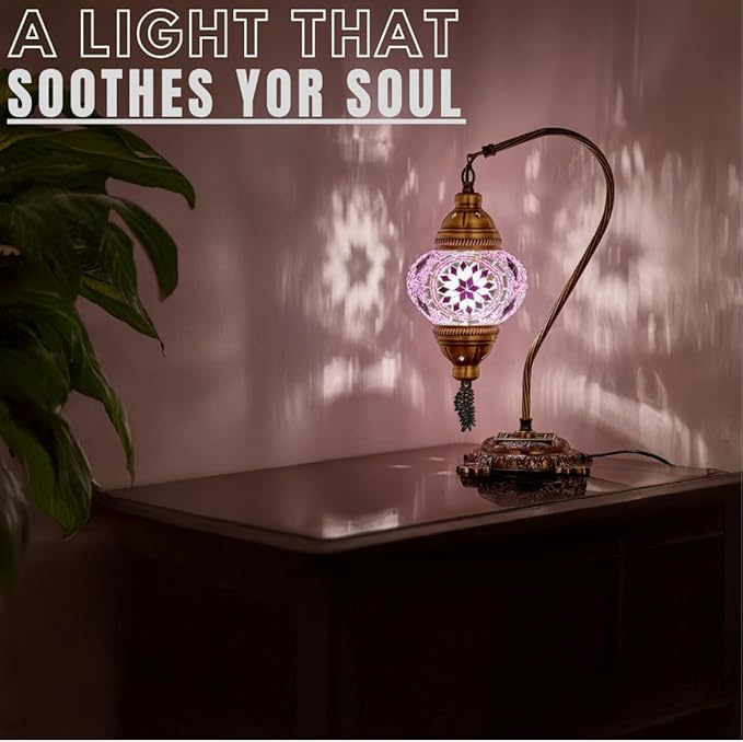 DEMMEX Turkish Moroccan Mosaic Table Lamp – Handcrafted Tiffany-Style Colorful Glass Swan Neck Bedside, Desk, Table Light, Boho Artisan Accent Lighting for Bedroom or Living Room – 15" H, Lilac