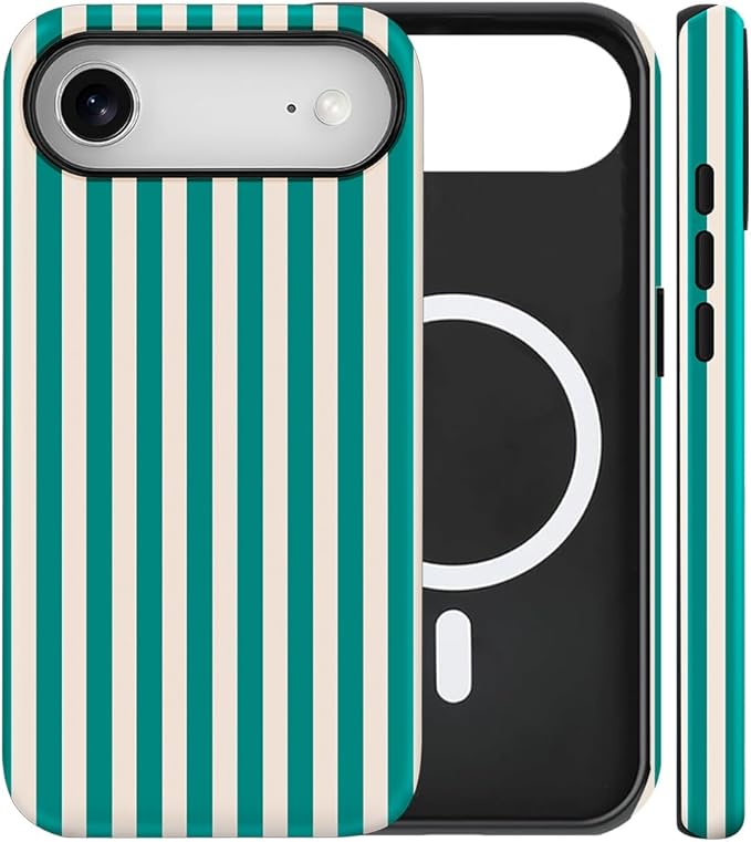 Magnetic for iPhone 17 Air Case Cute Stripes Phone Case, Shockproof Slim TPU and Hard PC Protective Phone Cover Compatible with MagSafe Designed for Women Girls, Emerald Green