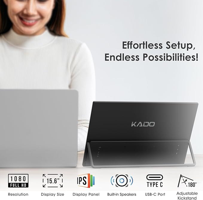 Kado 15.6" Full HD Portable Monitor, Second Display IPS 1920x1080 HDMI USB-C Laptop Screen Extender, 180° Adjustable Kickstand, Wall/Arm Mount for PC, Mac, Phone, Dex, Tablet, Xbox, PS4/PS5 and Switch